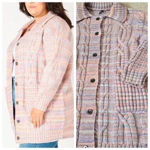 Devoted Multi Coloured Cable Knit Collared Buttoned Sweater Oversized Large